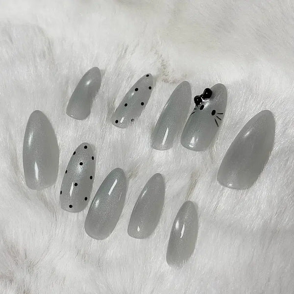 [BUNJANG] Handmade Glass Bead Kitty Nail Tips / (할인)실버키티 유리알 수제네일팁