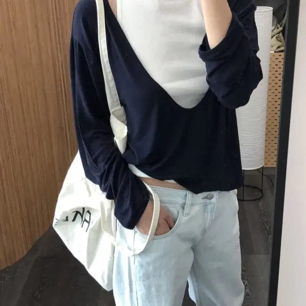 [BUNJANG] Touch Linen V-Neck T-Shirt Navy / 가격내림*씨유쑨 터치린넨티