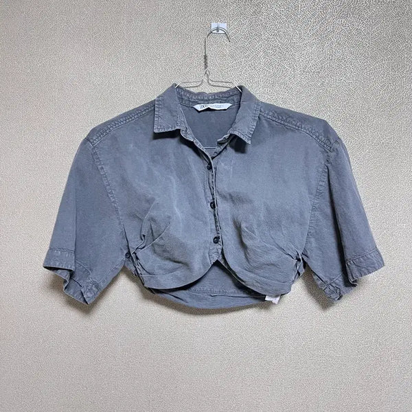 [BUNJANG] Zara Cropped Short Sleeve Shirt Charcoal / 자라 크롭 반팔 셔츠 차콜