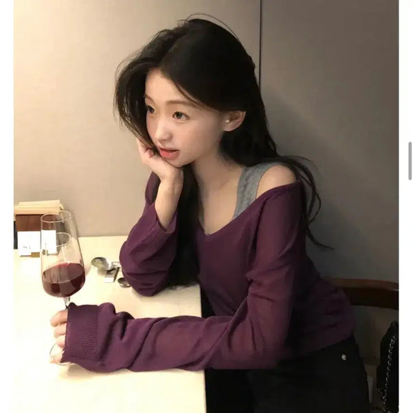 [BUNJANG] Purple Off-Shoulder Knit / 퍼플 오프숄더 니트