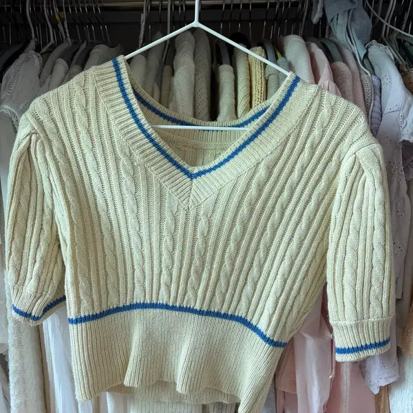 [BUNJANG] Ivory Blue Color Block Short Sleeve Knit Crop Top / 아이보리 블루 배색 라인 반팔니트 크롭