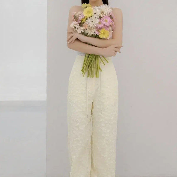 [BUNJANG] Big Size Back-Banding Flower Jacquard Pants Cream / 새상품) 빅사이즈 뒷밴딩 플라워 자가드 팬츠 크림색
