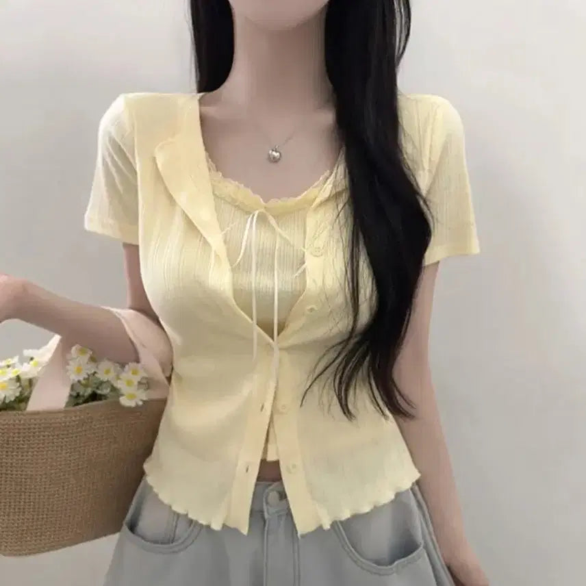 [BUNJANG] Ribbed Lace Camisole Integrated T-shirt + Lace Mesh Flare Skirt Set / 골지 레이스 나시 일체형 티셔츠+레이스 망사 플레어 스커트(S) SET