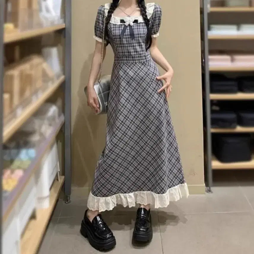 [BUNJANG] Check Lace Long Dress - L / 체크 레이스 롱원피스-L