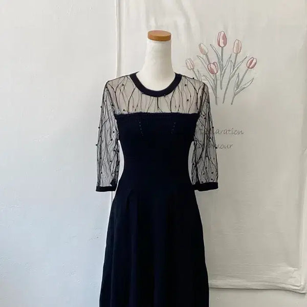 [BUNJANG] Sheer Lace Contrast Knit Dress / 1회착용-시스루 레이스 배색 니트 원피스