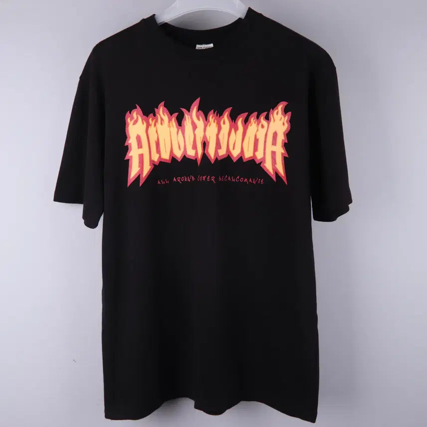 [BUNJANG] Accover Flame Heavy Cotton T-Shirt Black (M) / 어커버 불꽃 플레임 패러디 헤비코튼 반팔 티셔츠 블랙 (M)
