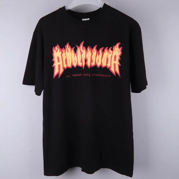 [BUNJANG] Accover Flame Heavy Cotton T-Shirt Black (M) / 어커버 불꽃 플레임 패러디 헤비코튼 반팔 티셔츠 블랙 (M)