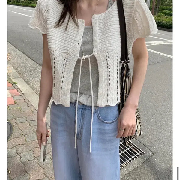 [BUNJANG] Mellounge Mist Half Sleeve Ribbon Knit Cardigan White New / 멜라운지 미스트 하프 반팔 리본 니트 가디건 화이트 새상품