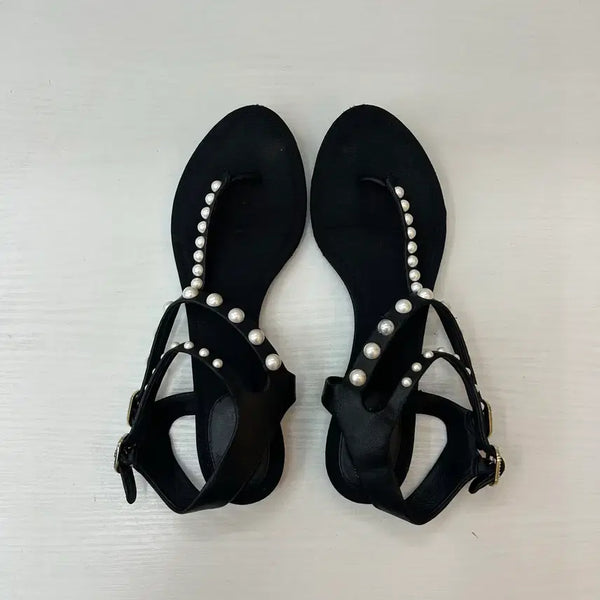 [BUNJANG] Chanel CC Logo Leather Pearl Double Strap Sandals Slippers / 샤넬 cc로고 레더 진주 더블 스트랩 샌들 슬리퍼