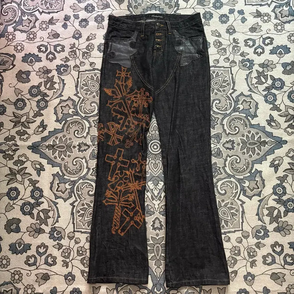 [BUNJANG] Andrew Mackenzie Embroidered Leather Patch Pants / 앤드류맥켄지 레더패치 자수팬츠