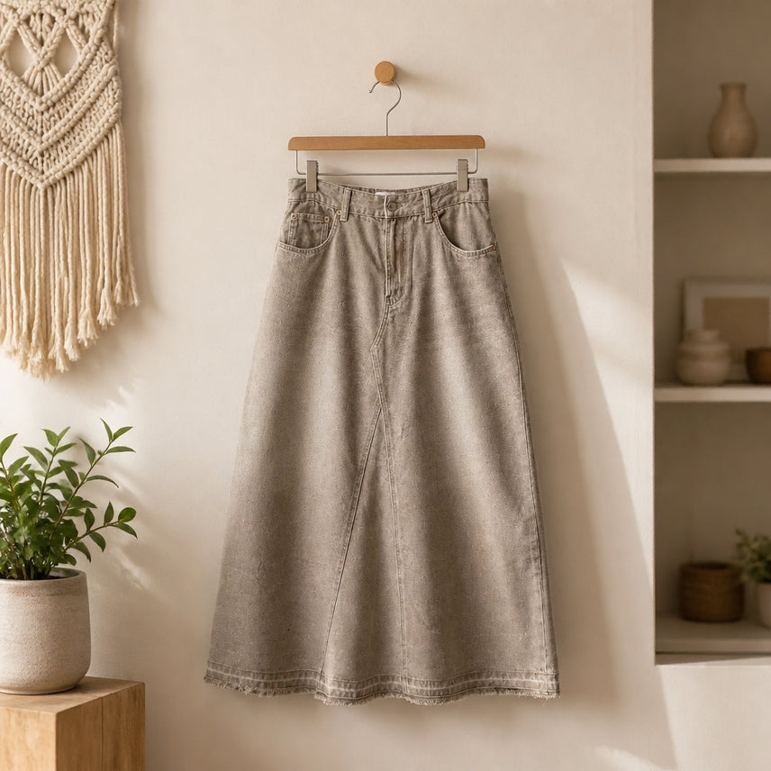 [BUNJANG] BEAKER Washed Cotton A-Line Long Denim Skirt / 비이커 2024 워싱 코튼 A라인 롱 데님 스커트 S사이즈