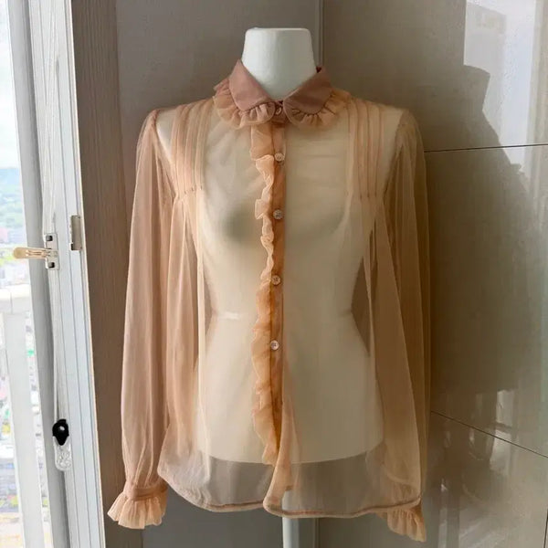 [BUNJANG] Sheer Frill Blouse - Peach Pink / (새상품) 시스루 프릴 블라우스 피치 살구 핑크