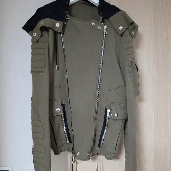 [BUNJANG] Balmain Biker Zip-Up Hoodie Olive / 발망 바이커 후드 집업 올리브
