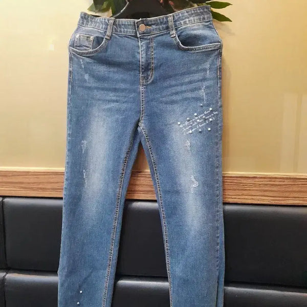 [BUNJANG] Pearl Embellished Distressed Wash Jeans / 청바지 진주 장식 데미지 워싱