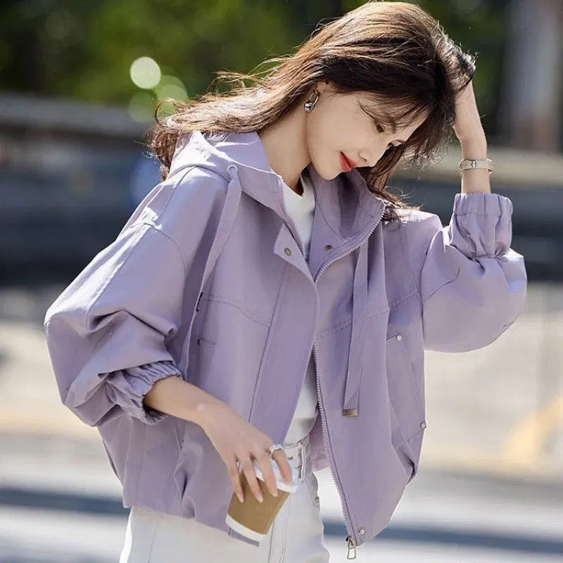 [BUNJANG] Women's Hooded Windbreaker Jacket - Loose Fit, Lightweight, Light Purple / 여성 후드 바람막이 점퍼 루즈핏 간절기 자켓 라이트퍼플