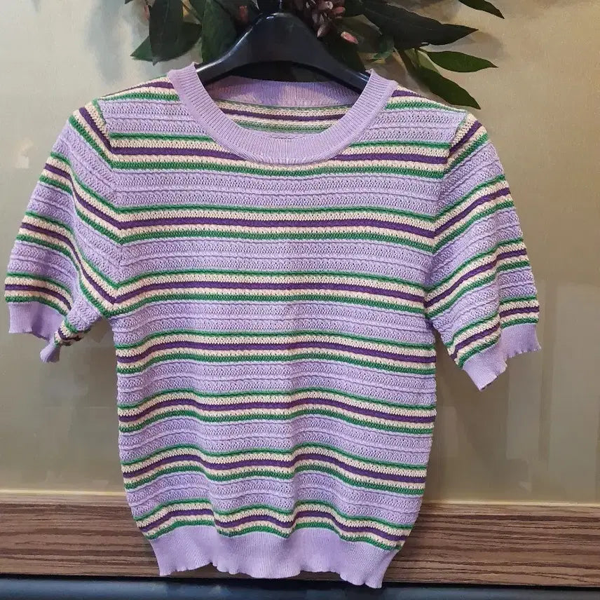 [BUNJANG] Striped Knit Sweater - Purple & Green / 단가라 니트 보라 연두색