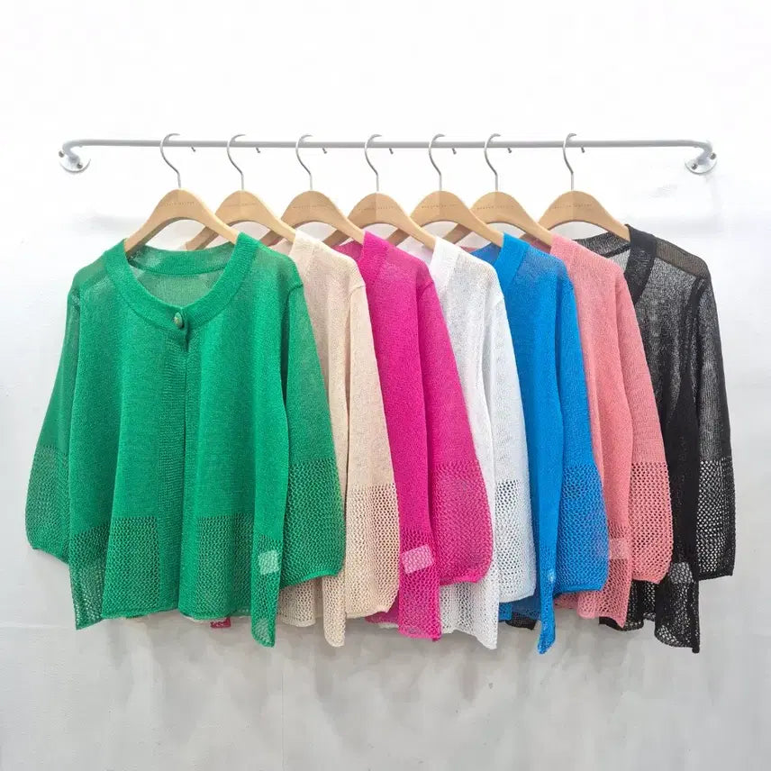 [BUNJANG] Button Puff 7/10 Sleeve Summer Knit Cardigan / 싸개단추 퍼프 7부 여름 니트 가디건