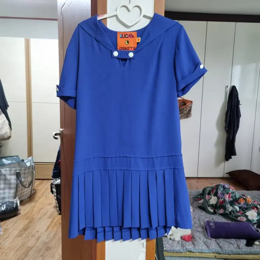 [BUNJANG] Lucky Chouette Blue Sailor Collar Pleated Midi Dress / 럭키 슈에뜨 원피스 블루