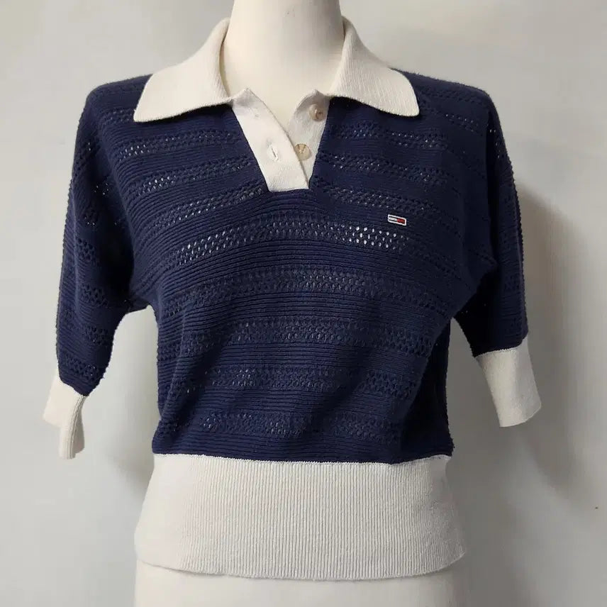 [BUNJANG] Tommy Jeans Women's Navy Mesh Knit Short Sleeve Polo XS / 타미진스 여성 카라 그물 니트 반팔 네이비 XS
