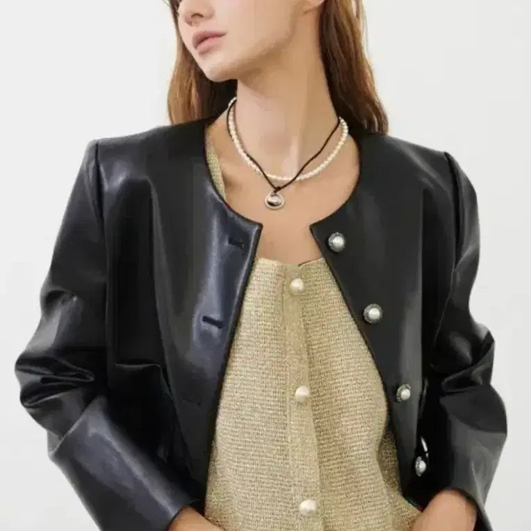 [BUNJANG] Osecon Cropped Leather Jacket / 오즈세컨 크롭 가죽 자켓82-94-160