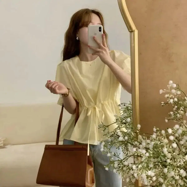 [BUNJANG] Puff Sleeve Short-Sleeve Blouse Yellow / 반팔 블라우스 옐로우