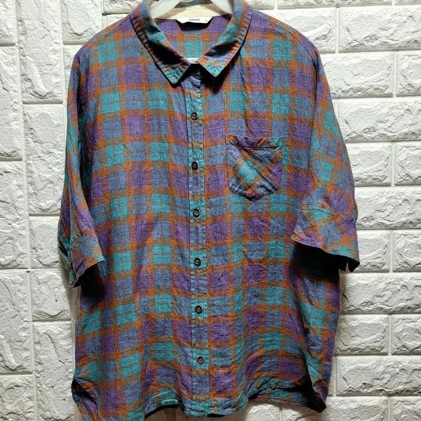 [BUNJANG] 100% Linen Checkered Shirt with Stitch Collar - Size 95 / 스티치카라 린넨100체크무늬 셔츠 95
