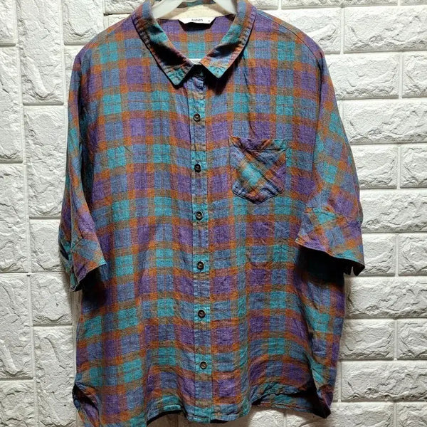 [BUNJANG] 100% Linen Checkered Shirt with Stitch Collar - Size 95 / 스티치카라 린넨100체크무늬 셔츠 95