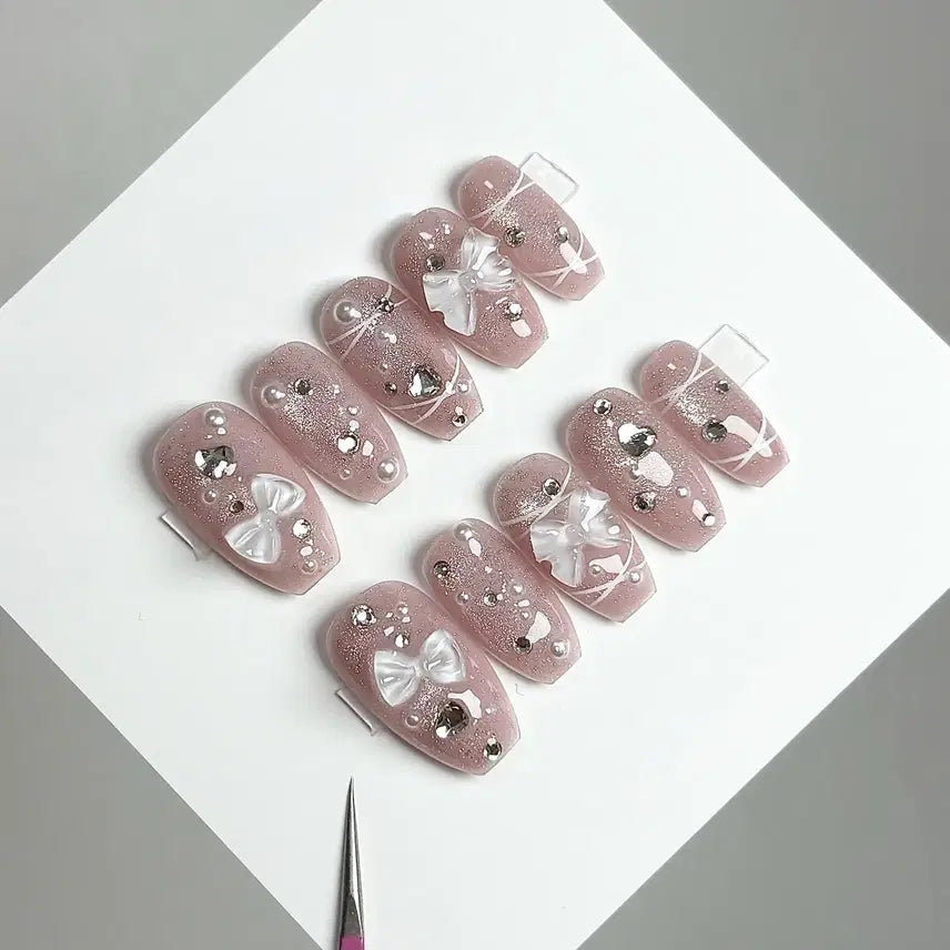 [BUNJANG] Handmade Pink Ribbon Magnet Nail Tips / 핑크리본자석 수제네일팁
