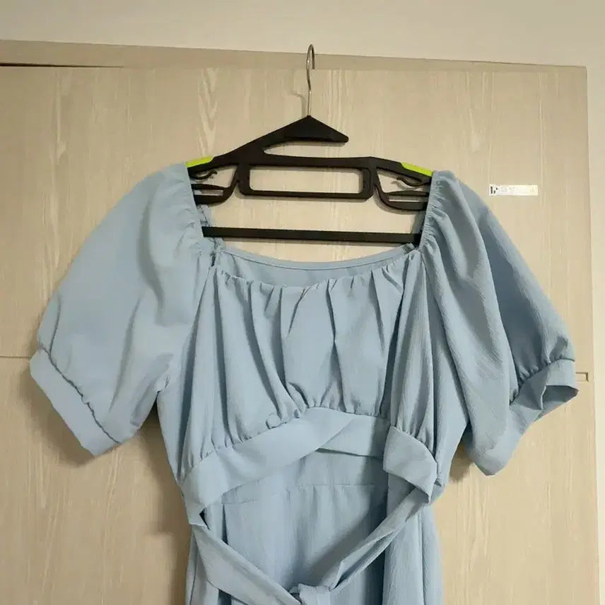 [BUNJANG] Sky Blue Puff Short Sleeve Long Dress / 하늘색 퍼프 반팔 롱원피스
