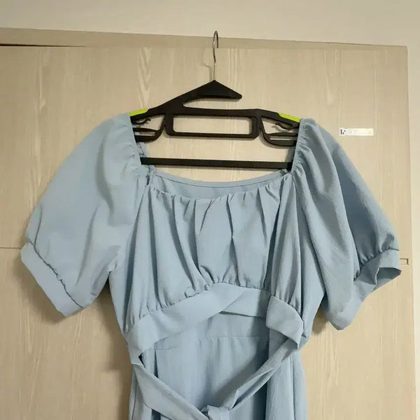 [BUNJANG] Sky Blue Puff Short Sleeve Long Dress / 하늘색 퍼프 반팔 롱원피스