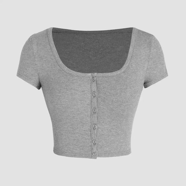 [BUNJANG] Shop Sida Ribbed Button Short Sleeve Crop Top Gray / (새상품 택O) 샵사이다 골지 버튼 반팔 크롭티 그레이 xxs