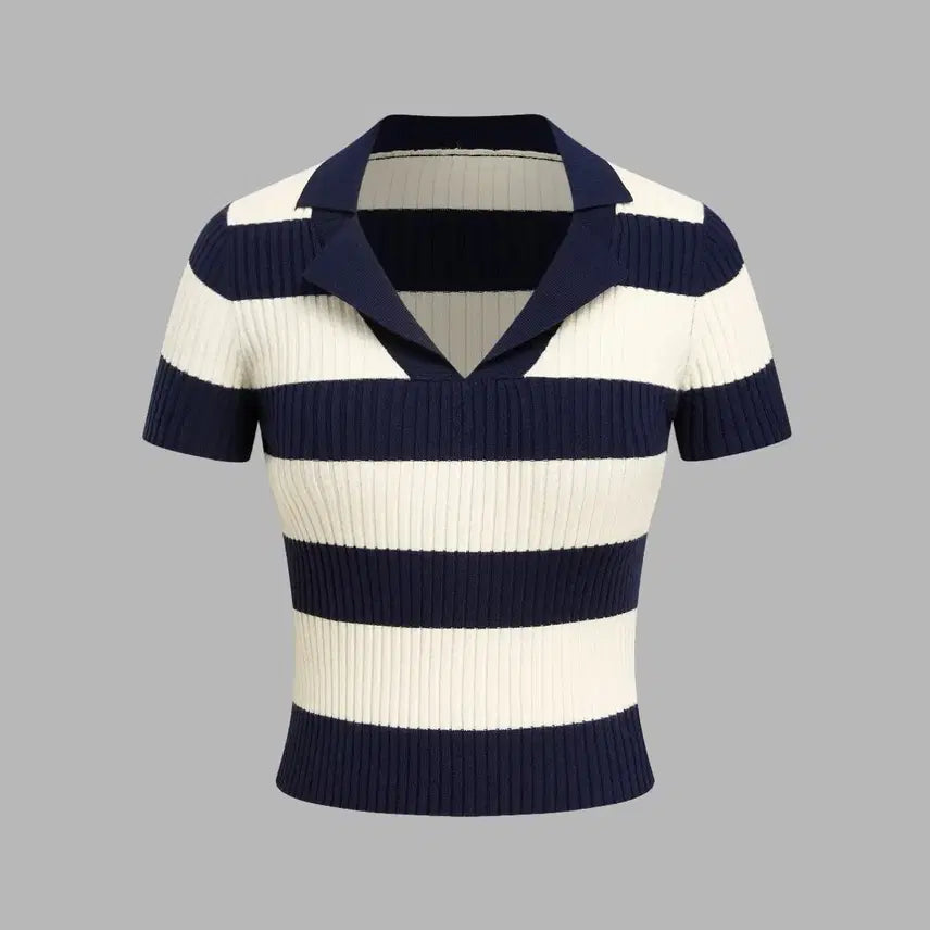 [BUNJANG] Shop Cider Stripe Collar Short Sleeve Knit XXS / (새상품 택O) 샵사이다 스트라이프 카라 반팔 니트 (XXS)