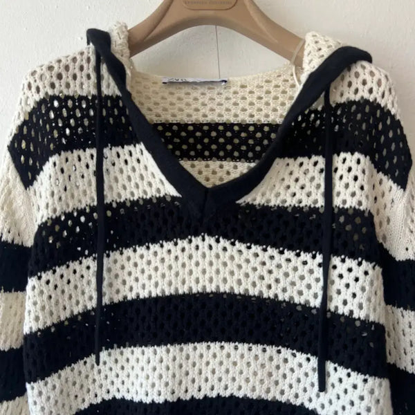 [BUNJANG] Zara Women's Black/Ivory Crochet Cropped Hooded Knit Sweater L / 자라 여성 블랙아이보리 크롭니트 후드니트티 L