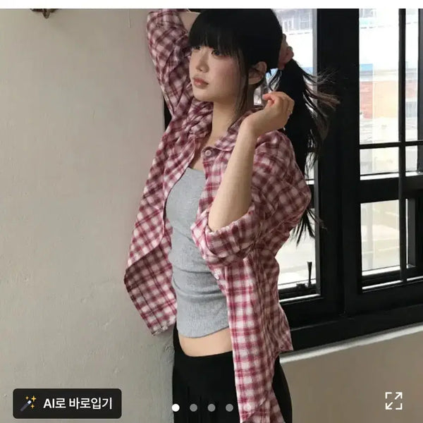 [BUNJANG] Min-kyung Red Loose Fit Checkered Shirt / 환승연애 민경 레드 루즈핏 체크 남방셔츠 레드