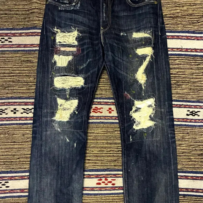 [BUNJANG] Levi's 505 Patchwork Distressed Painted Denim Jeans / (32)리바이스 505 페인팅 패치워크 디스트로이드 데님 청바지
