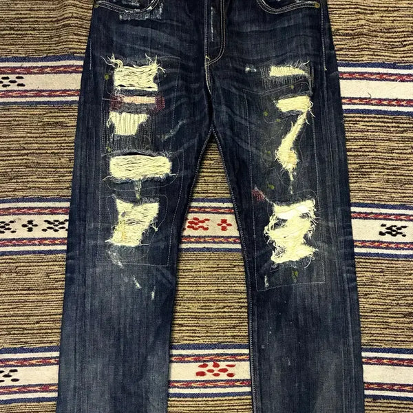 [BUNJANG] Levi's 505 Patchwork Distressed Painted Denim Jeans / (32)리바이스 505 페인팅 패치워크 디스트로이드 데님 청바지