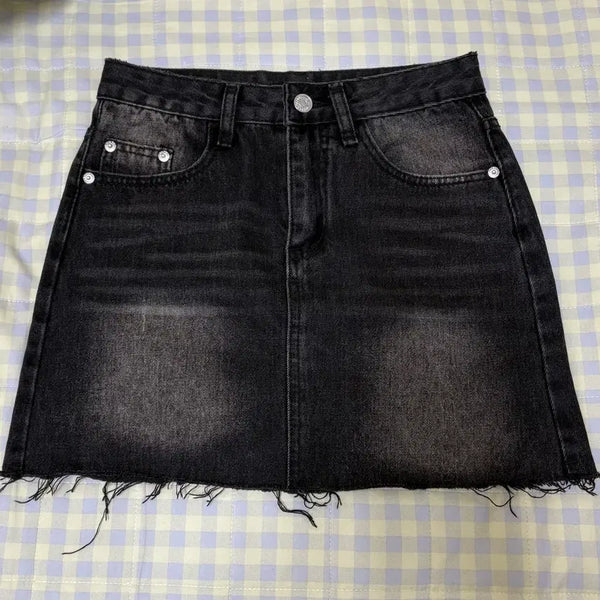 [BUNJANG] Black Denim Cutout Mini Skirt / 블랙 데님 컷팅 미니스커트
