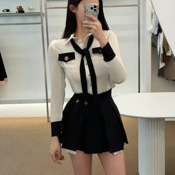 [BUNJANG] High-End Black and White Ribbon Blouse and Pleated Skirt Set / 수입의류 블랙앤화이트 리본 고급진 블라우스 스커트 세트