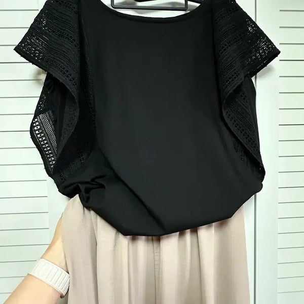 [BUNJANG] Women's Punch Lace Sleeve T-Shirt - Black / 새상품 특가 할인 펀칭 날개소매 티셔츠 반팔 블랙