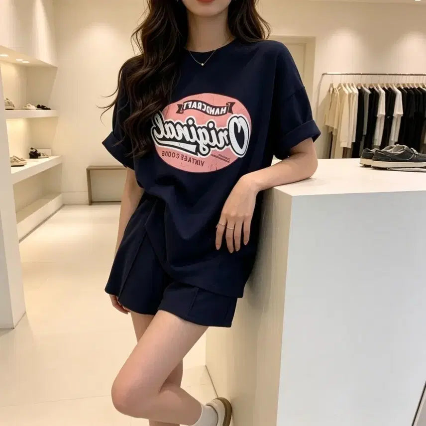 [BUNJANG] Vintage Lettering T-Shirt and Shorts Set / 빈티지 레터링 티셔츠+반바지 세트ㅡ무배
