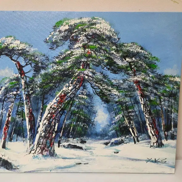 [BUNJANG] Yoon Kyung Sik Oil Painting Snowy Pine Forest / 윤경식 화백  유화 눈 쌓인 소나무 숲