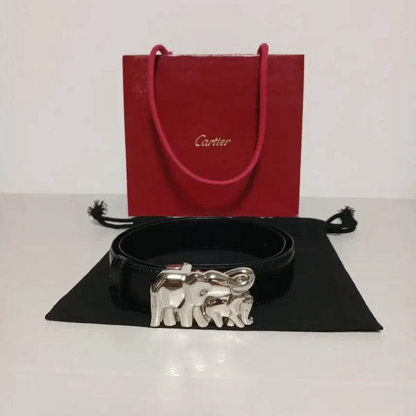 [BUNJANG] Cartier Silver Elephant Buckle Women's Belt Black / 까르띠에 은장 엘리펀트 코끼리 버클 여성벨트 블랙 정품
