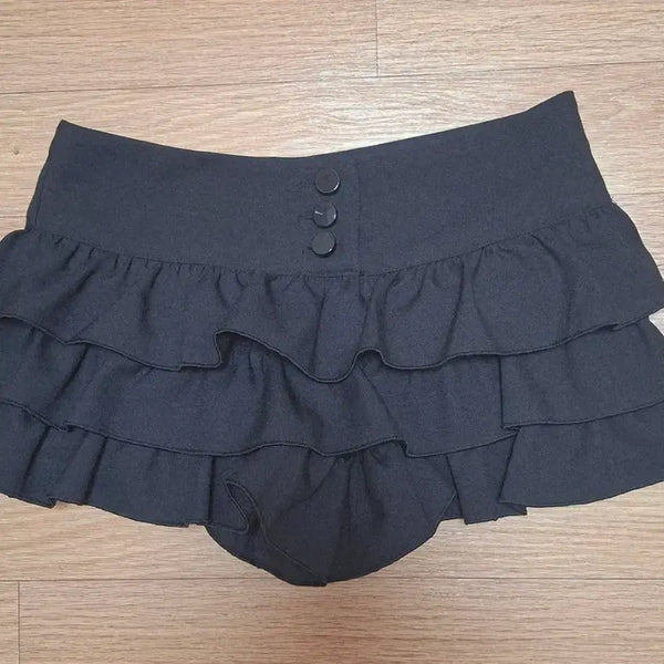 [BUNJANG] Black 3-Tier Ruffle Goth Culottes Shorts / 갸루 캉캉 3단 프릴 큐롯 블랙 검정 고스 반바지