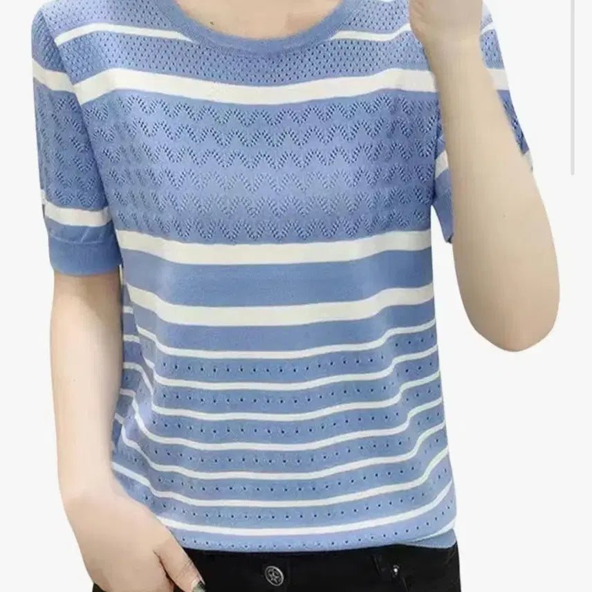 [BUNJANG] Blue Stripe Short Sleeve Punch Knit / 블루 스트라이프 반팔 펀칭 니트