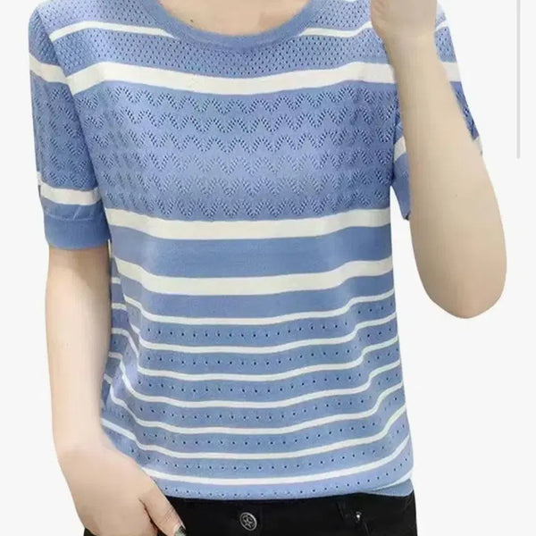 [BUNJANG] Blue Stripe Short Sleeve Punch Knit / 블루 스트라이프 반팔 펀칭 니트