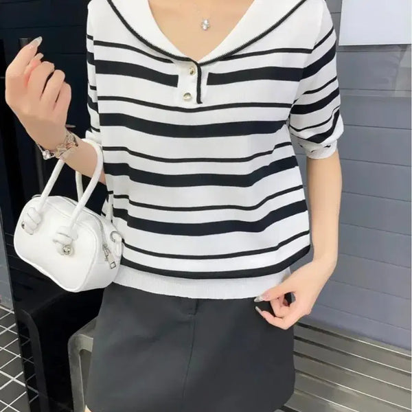 [BUNJANG] Striped Sailor Collar Short Sleeve Knit / 단가라 세일러 카라 반팔 니트/66새상품