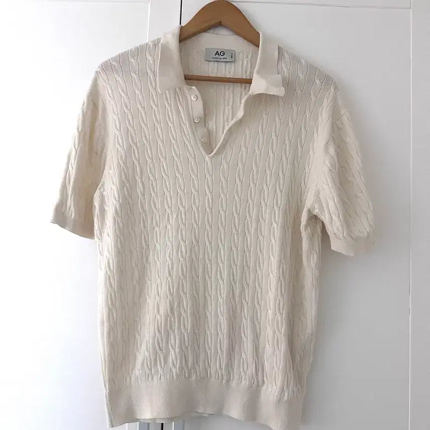 [BUNJANG] Button Collar Cable Half Knit - Ivory / 코튼 모달 워셔블 버튼 카라 케이블 하프 니트 [아이보리]