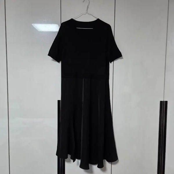 [BUNJANG] Black Knit Contrast Satin Long Dress / 블랙 니트 배색 새틴 롱 원피스