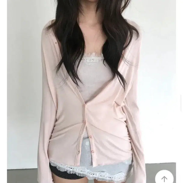 [BUNJANG] Pink Lingerie Core Coordination Set (Lace Sleeveless Top + Cardigan) / 핑크 란제리코어 코디세트(레이스 슬리브 나시+가디건)