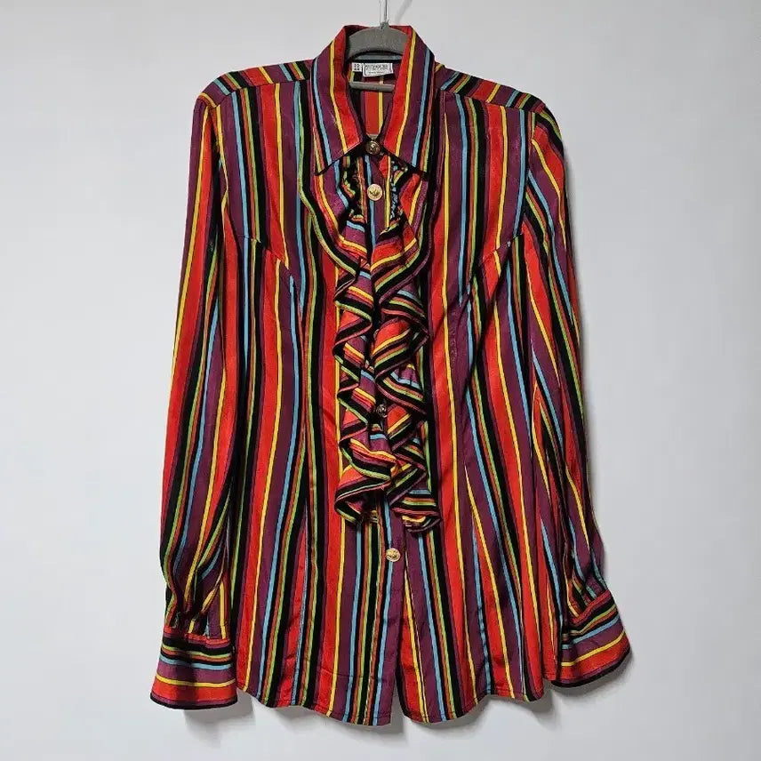 [BUNJANG] Versace Versus Stripe Frill Silk Shirt / 지아니 베르사체 베르수스 스트라이프 프릴 셔츠 30/44